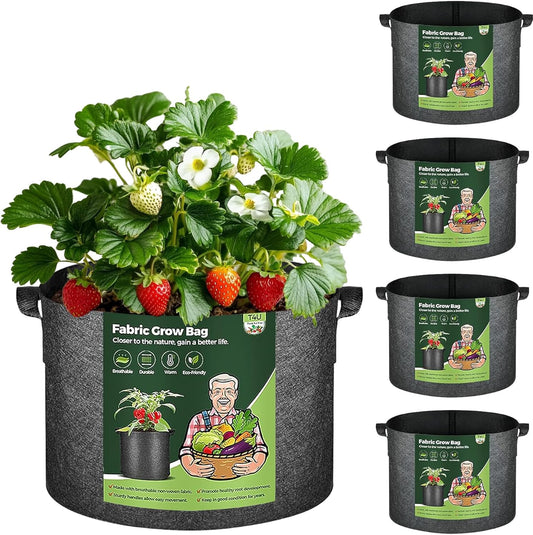 Fabric Plant Grow Bags with Handle 10 Gallon Pack of 5, Heavy Duty Nonwoven Smart Garden Pot Thickened Aeration Nursery Container Black for Outdoor Potato, Tomato, Chili, Carrot and Vegetables